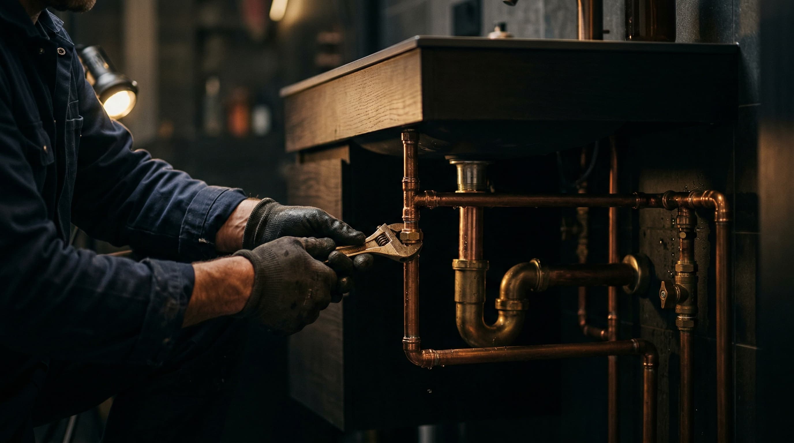 Plombier professionnel intervenant sur des tuyaux en cuivre